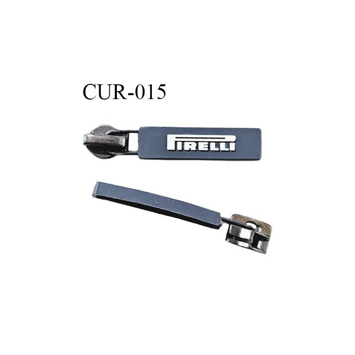 Curseur en métal couleur argent vieilli pour glissière de 6 mm avec tirette silicone gris inscription Pirelli prix à la pièce