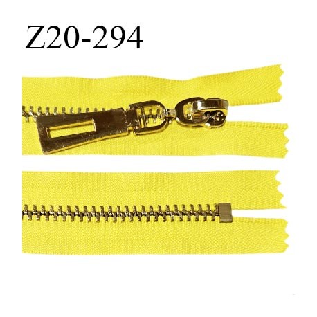 Fermeture zip 20 cm non séparable couleur jaune largeur 35 mm glissière métal doré largeur 7 mm longueur 20 cm prix à l'unité