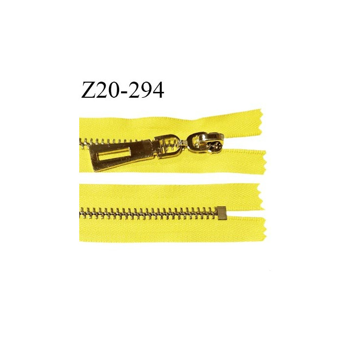 Fermeture zip 20 cm non séparable couleur jaune largeur 35 mm glissière métal doré largeur 7 mm longueur 20 cm prix à l'unité