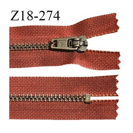 Fermeture zip 18 cm non séparable couleur rouille longueur 18 cm largeur 2.7 cm glissière métal couleur laiton largeur 4.5 mm