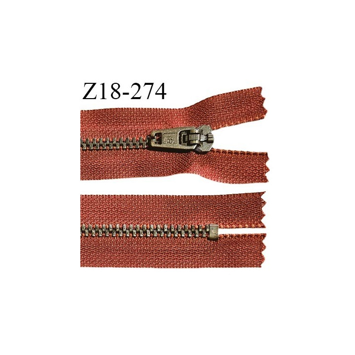 Fermeture zip 18 cm non séparable couleur rouille longueur 18 cm largeur 2.7 cm glissière métal couleur laiton largeur 4.5 mm