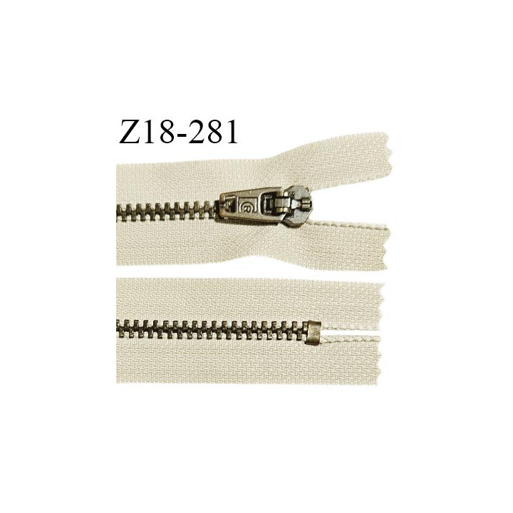 Fermeture zip 18 cm non séparable couleur beige longueur 18 cm largeur 2.5 cm glissière métal couleur laiton largeur 4.5 mm