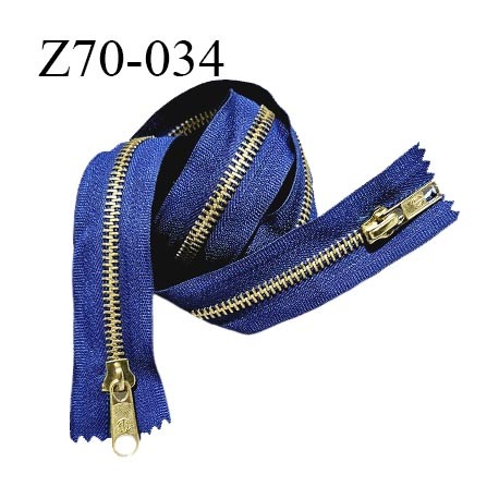 Fermeture zip 70 cm couleur bleu double curseur longueur 70 cm largeur 3.2 cm zip métal doré largeur 6 mm prix à l'unité