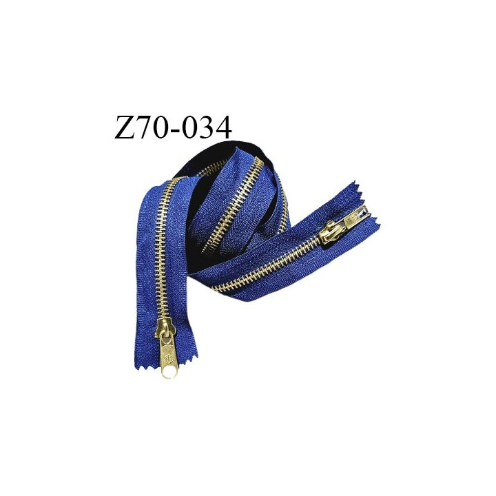 Fermeture zip 70 cm couleur bleu double curseur longueur 70 cm largeur 3.2 cm zip métal doré largeur 6 mm prix à l'unité