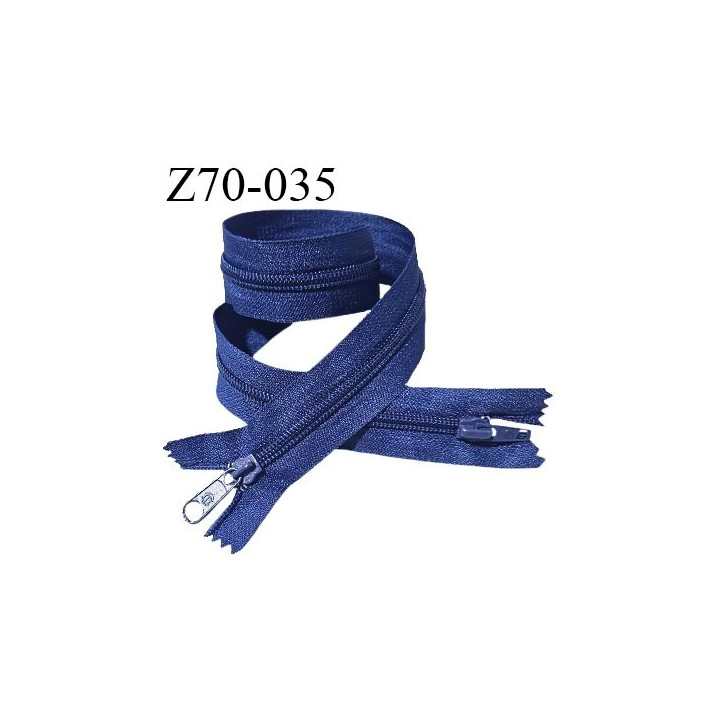 Fermeture zip 70 cm couleur bleu double curseur longueur 70 cm largeur 3.2 cm zip moulée largeur 7 mm prix à l'unité