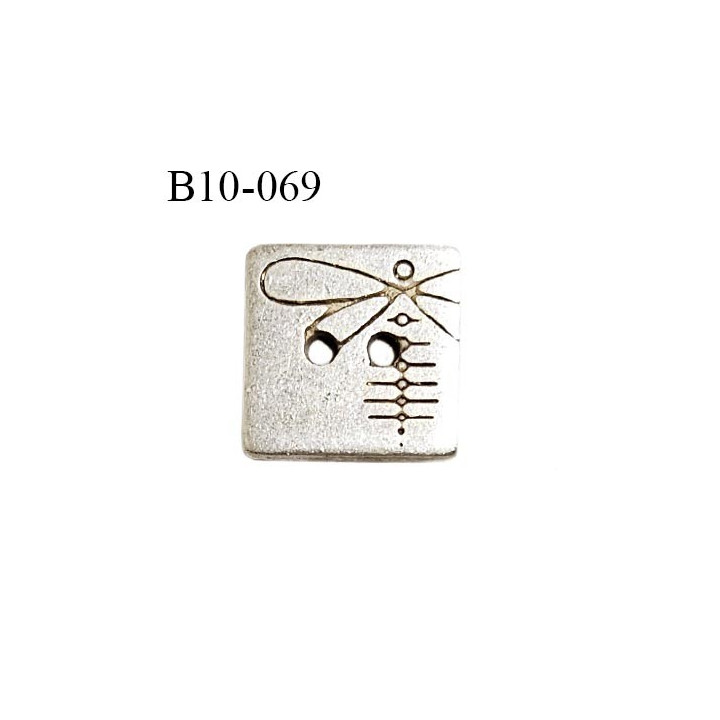 Bouton carré 10 mm en métal couleur doré light avec motif libellule Brocéliande couleur cuivre 2 trous bouton plat largeur 10 mm