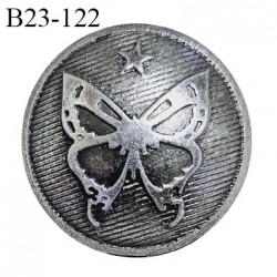 Bouton 23 mm métal avec motif papillon couleur argent vieilli diamètre 23 mm accroche avec un anneau prix à la pièce