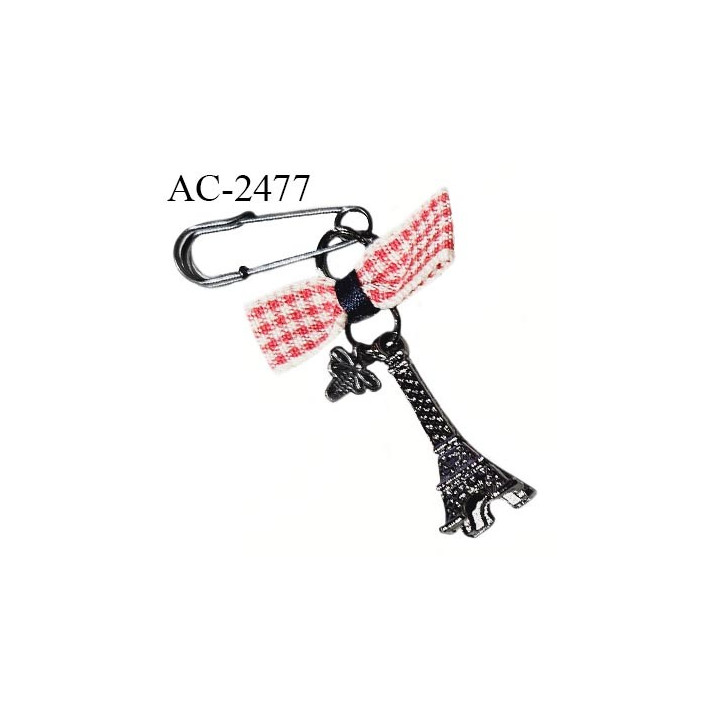 Mini épingle kilt métal couleur chrome avec noeud à carreaux rouge beige bleu et breloques tour Eiffel et libellule