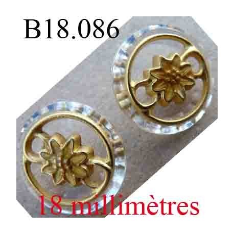 bouton 18 mm couleur transparent style cristal et métal doré fixation avec un anneau au dos de diamètre 18 mm