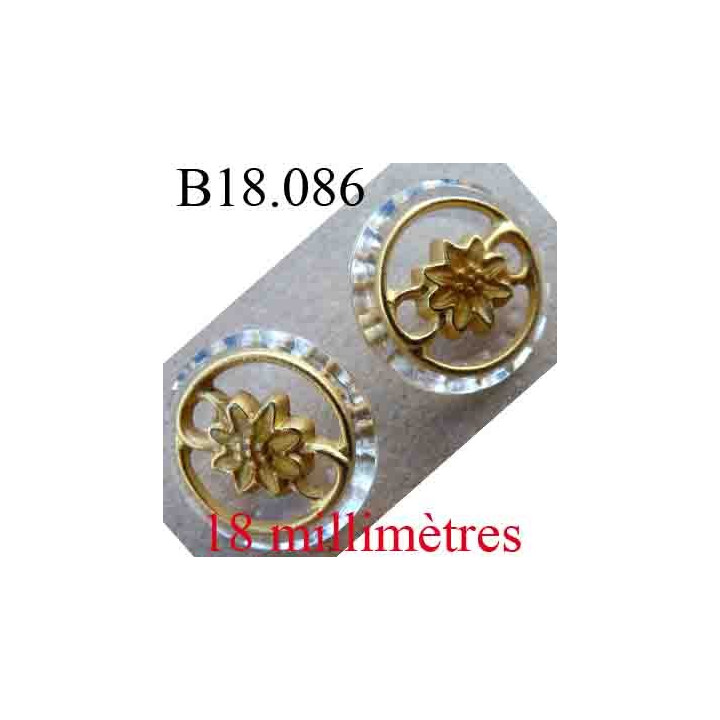 bouton 18 mm couleur transparent style cristal et métal doré fixation avec un anneau au dos de  diamètre 18 mm