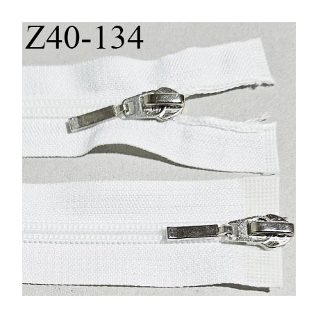 Fermeture zip 40 cm double curseur couleur blanc naturel glissière nylon largeur 6 mm curseur métal couleur chrome