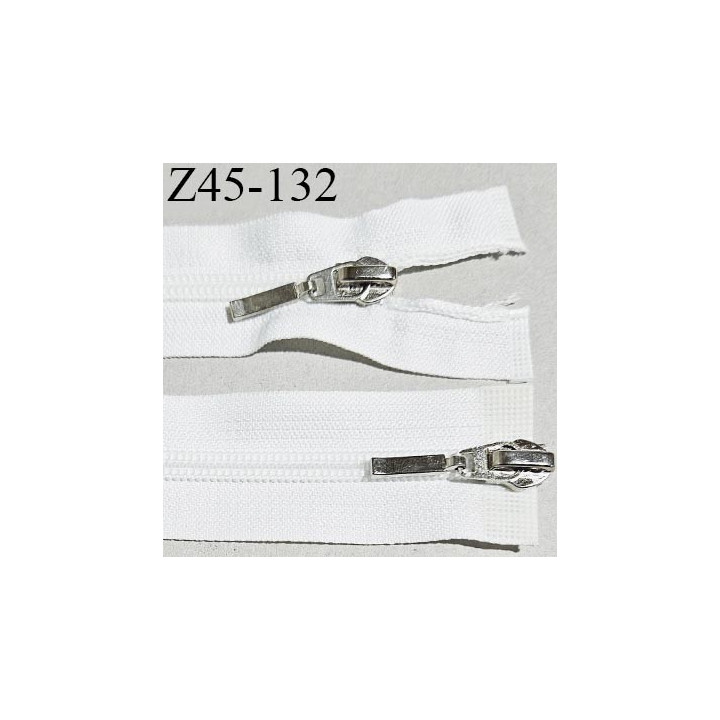 Fermeture zip 45 cm double curseur couleur blanc naturel glissière nylon largeur 6 mm curseur métal couleur chrome