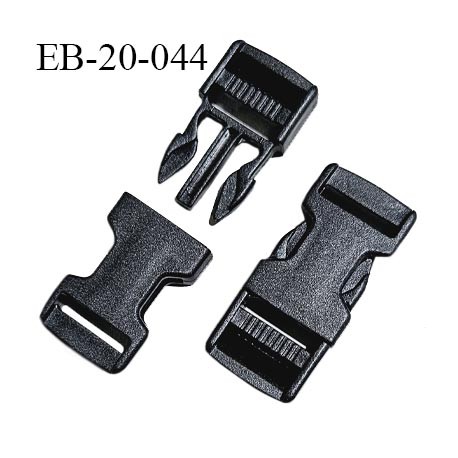 Boucle clip en plastique noir passage pour une sangle de 20 mm de largeur passant coulissant