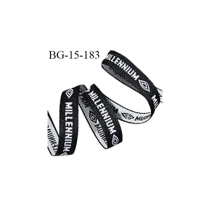 Biais sergé synthétique 15 mm couleur noir et blanc inscription MILLENIUM largeur 15 mm prix au mètre