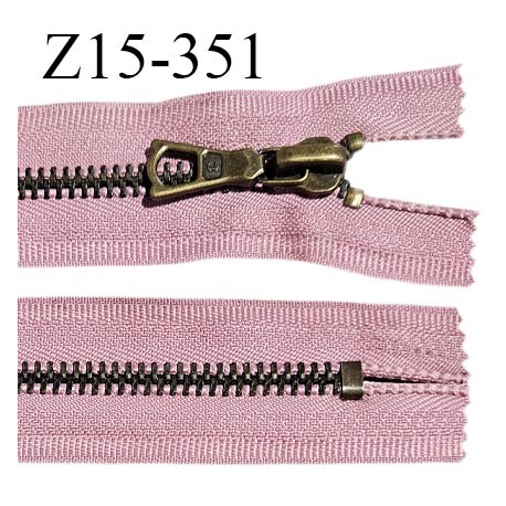 Fermeture zip 15 cm couleur vieux rose non séparable largeur 3 cm glissière métal couleur laiton largeur 6 mm