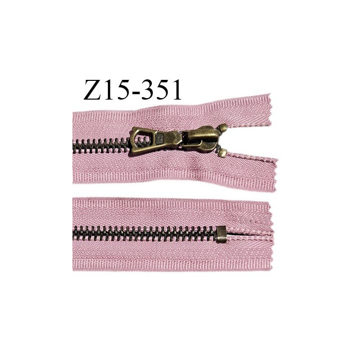Fermeture zip 15 cm couleur vieux rose non séparable largeur 3 cm glissière métal couleur laiton largeur 6 mm