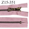 Fermeture zip 15 cm couleur vieux rose non séparable largeur 3 cm glissière métal couleur laiton largeur 6 mm