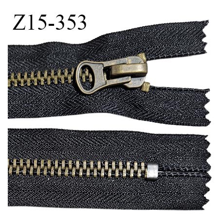 Fermeture zip 15 cm couleur noir non séparable largeur 3.5 cm glissière métal couleur laiton largeur 7 mm