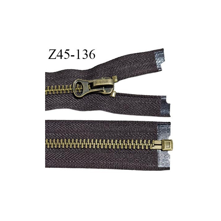 Fermeture zip 43 cm couleur marron séparable largeur 3.5 cm glissière métal couleur laiton largeur 7 mm