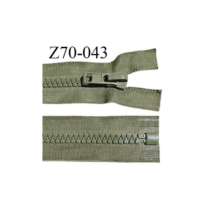 Fermeture zip moulée 70 cm séparable couleur vert kaki longueur 70 cm largeur 4 cm glissière largeur 7 mm prix à l'unité