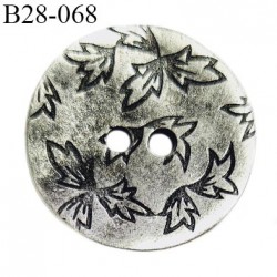 Bouton 28 mm en métal effet martelé couleur argent vieilli avec motif feuilles 2 trous diamètre 28 mm