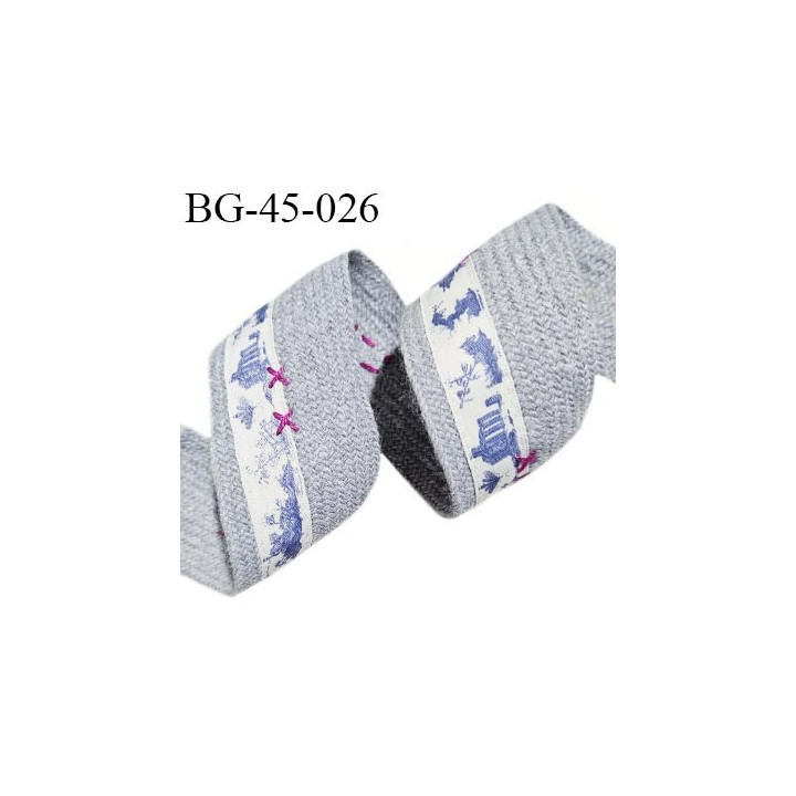 Galon ruban acrylique tressé 45 mm couleur gris avec ruban toile de jouy écru et bleu largeur 45 mm prix au mètre