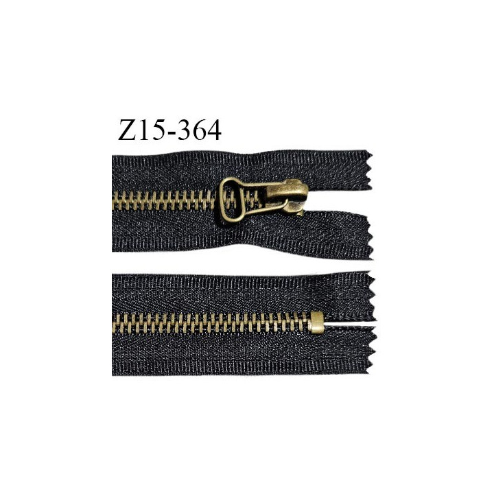 Fermeture zip 15 cm couleur noir non séparable largeur 3.5 cm glissière métal couleur laiton largeur 6 mm