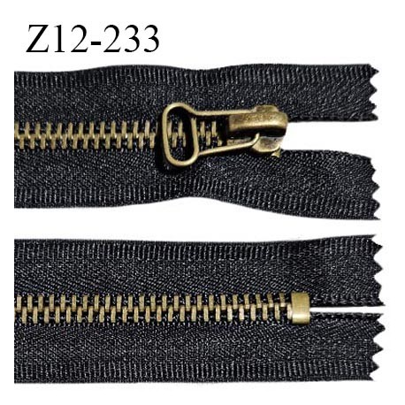 Fermeture zip 12 cm couleur noir non séparable largeur 3.5 cm glissière métal couleur laiton largeur 6 mm