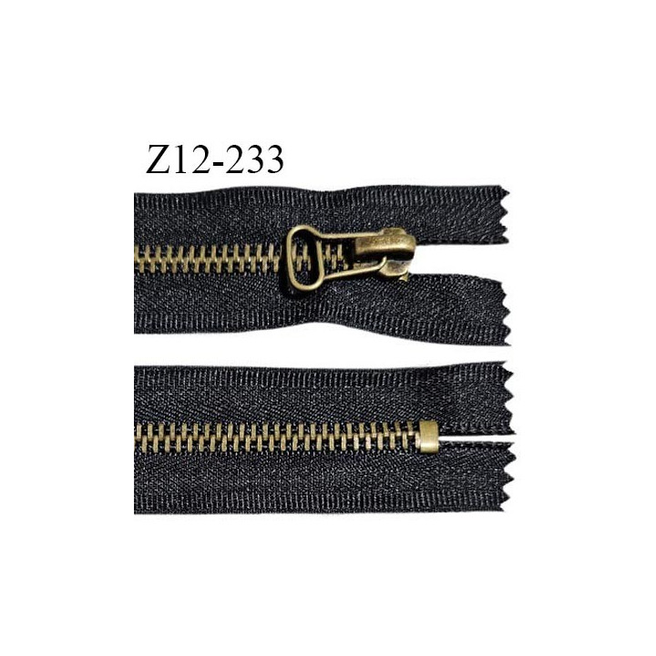 Fermeture zip 12 cm couleur noir non séparable largeur 3.5 cm glissière métal couleur laiton largeur 6 mm