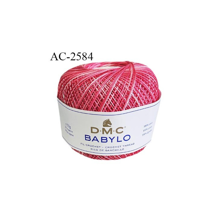 Pelote de fil à crochet fin DMC Babylo 100% coton couleur rose en dégradé grosseur 10 pour crochet de 1,5 à 1,75 mm