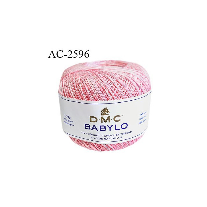 Pelote de fil à crochet fin DMC Babylo 100% coton couleur rose en dégradé grosseur 10 pour crochet de 1,5 à 1,75 mm
