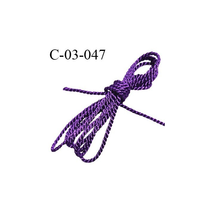 Cordon torsadé 3 mm couleur violet satiné diamètre 3 mm prix au mètre