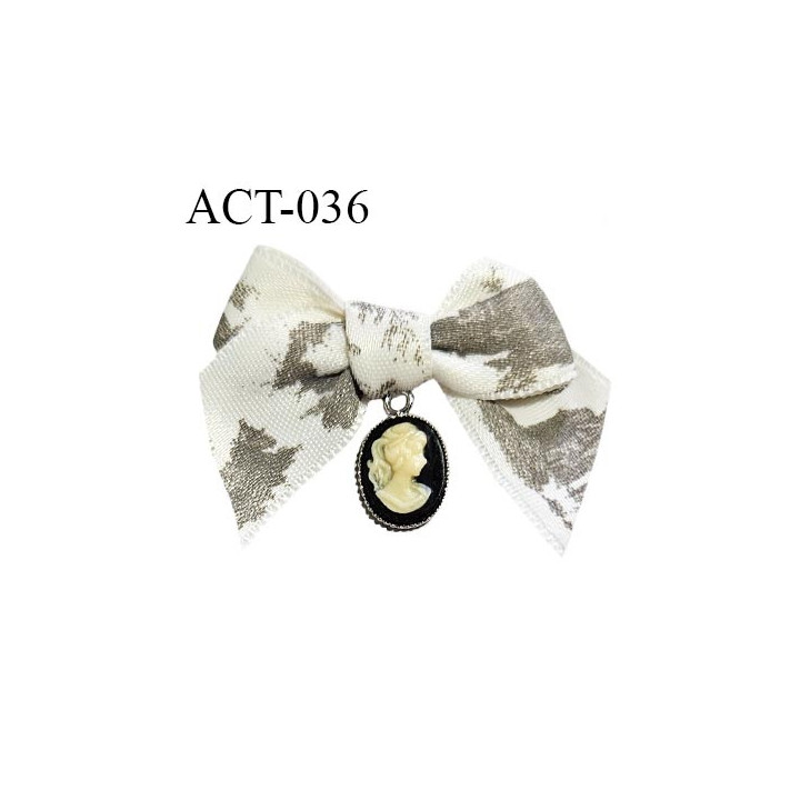 Noeud lingerie 35 mm haut de gamme ruban imprimé toile de Jouy couleur naturel et kaki avec pendentif