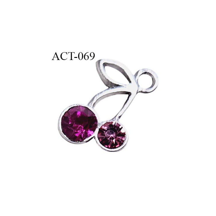 Accessoire décor ornement cerises couleur argent avec strass rose fuschia hauteur 13 mm largeur 9 mm prix à la pièce