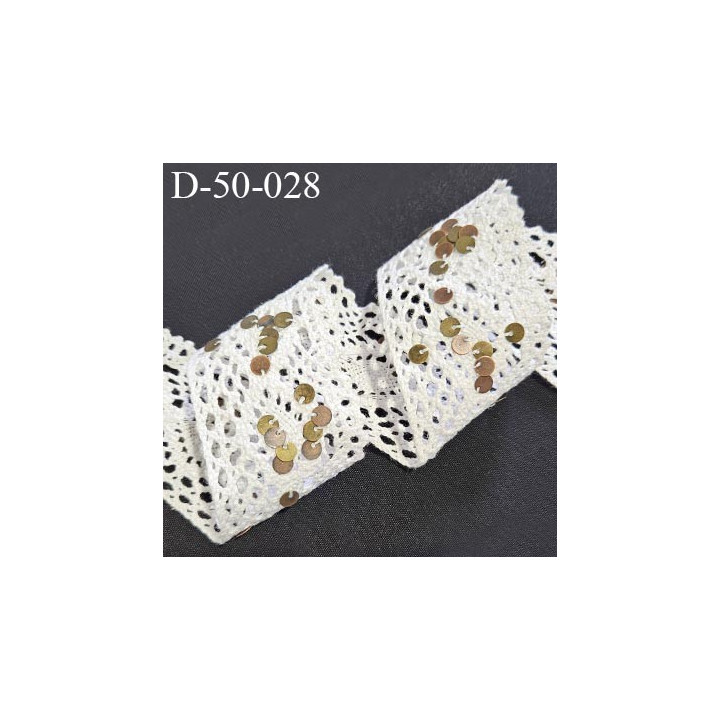 Dentelle 50 mm crochet couleur naturel dentelle ancienne 100% coton avec sequins cuivrés largeur 50 mm prix au mètre