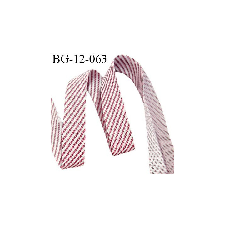 Biais plié en deux 12 mm à rayures couleur bordeaux et blanc largeur 12 mm et largeur dépliée 24 mm prix au mètre