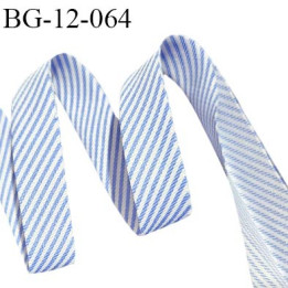 Biais plié en deux 12 mm à rayures couleur bleu et blanc largeur 12 mm et largeur dépliée 24 mm prix au mètre