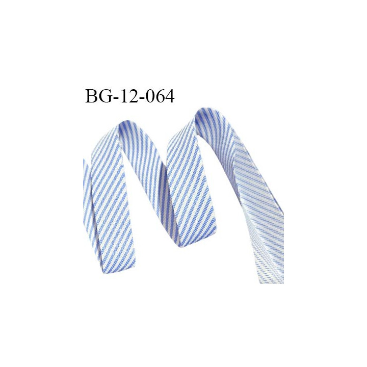 Biais plié en deux 12 mm à rayures couleur bleu et blanc largeur 12 mm et largeur dépliée 24 mm prix au mètre