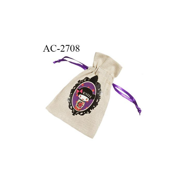 Sachet pochette en tissu pour bijoux cadeaux et autres couleur lin avec dessin poupée japonaise et lien en satin violet
