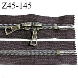 Fermeture zip 45 cm double curseur couleur marron glissière nylon largeur 6.5 mm curseur métal couleur chrome longueur 45 cm