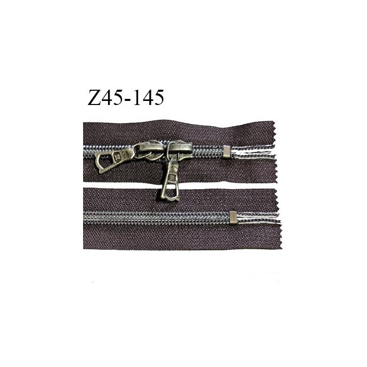 Fermeture zip 45 cm double curseur couleur marron glissière nylon largeur 6.5 mm curseur métal couleur chrome longueur 45 cm