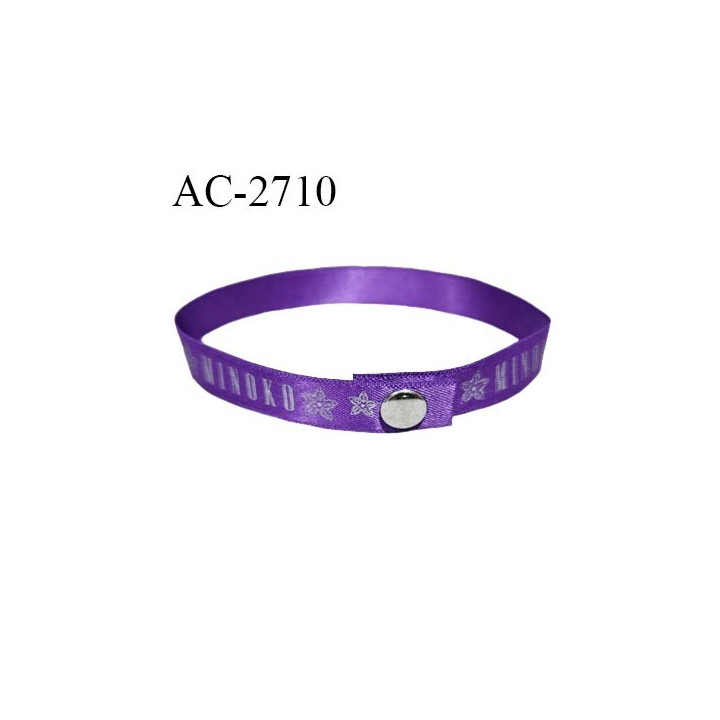 Accessoire bracelet ou autre décor en ruban satin largeur 10 mm couleur violet avec inscription MINOKO attache avec une pression