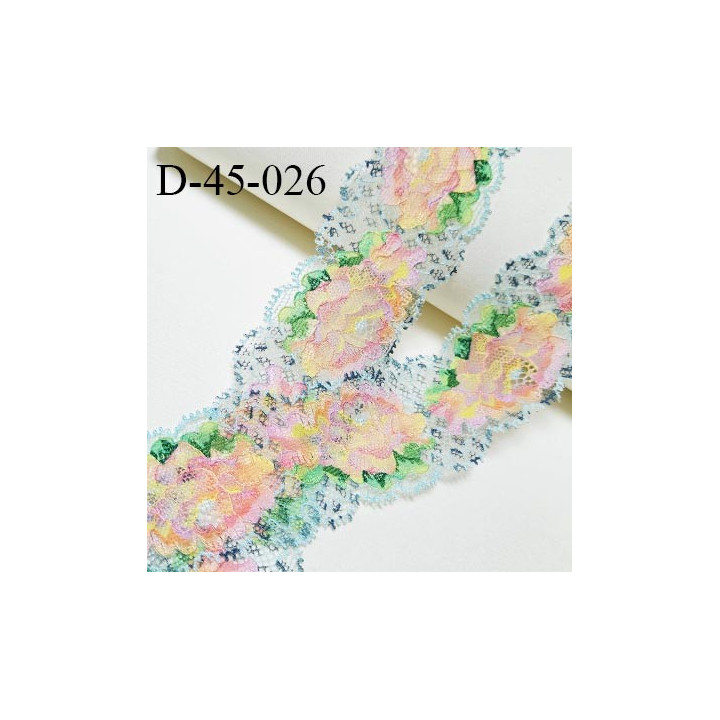 Dentelle 45 mm extensible couleur bleu avec motif fleur rose jaune et verte largeur 45 mm prix au mètre
