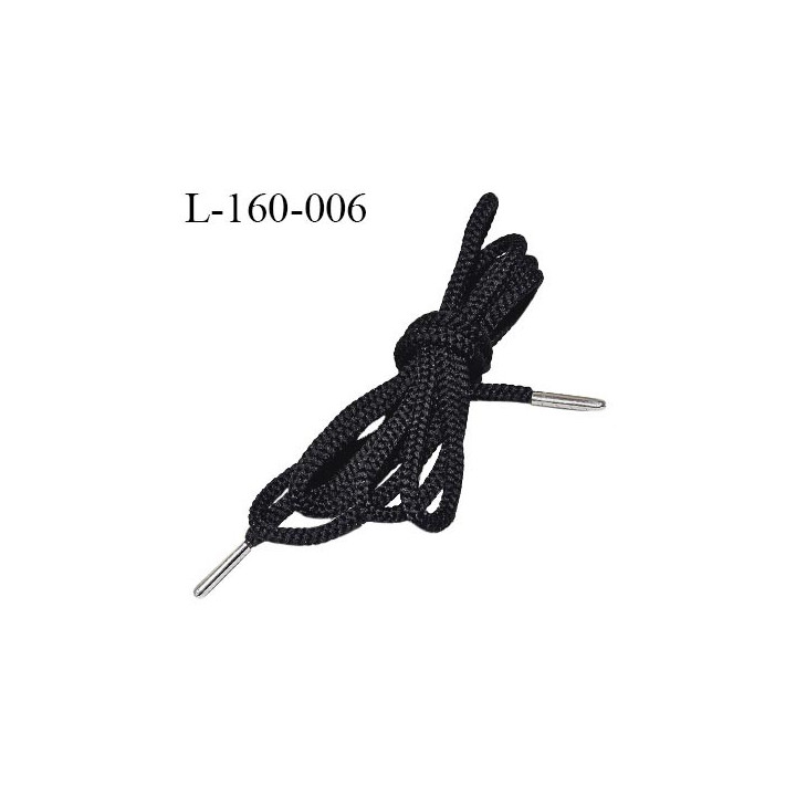Lacet rond 160 cm couleur noir diamètre 6 mm longueur 160 cm embout métal couleur argent prix pour une paire