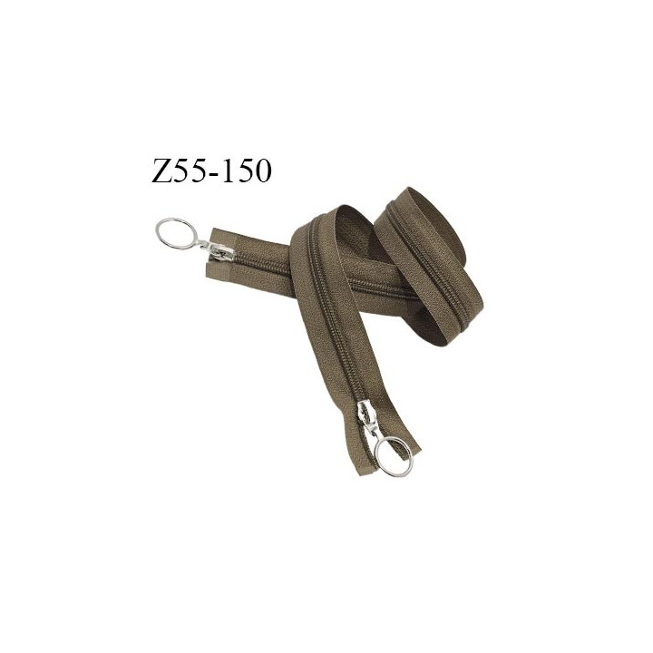 Fermeture zip double curseurs 55 cm couleur vert kaki largeur 24 mm zip glissière nylon largeur 5 mm