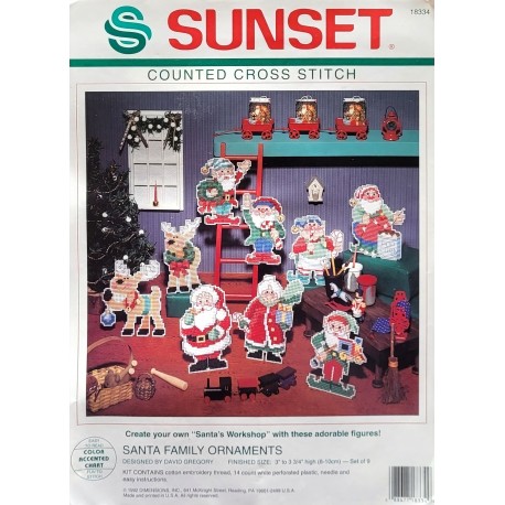 Atelier du père noël set de 9 figurines ornementales VINTAGE (1992) toile en plastique point de croix par David GREGORY