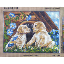 Canevas à broder 40 x 50 cm marque MARGOT création de Paris thème chiots BISOU TOUT DOUX