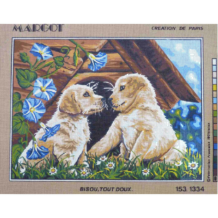 Canevas à broder 40 x 50 cm marque MARGOT création de Paris thème chiots BISOU TOUT DOUX
