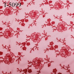 Tissu dentelle brodée couleur rose et violet sur tulle couleur rouge haut de gamme largeur 135 cm prix pour 10 cm de longueur