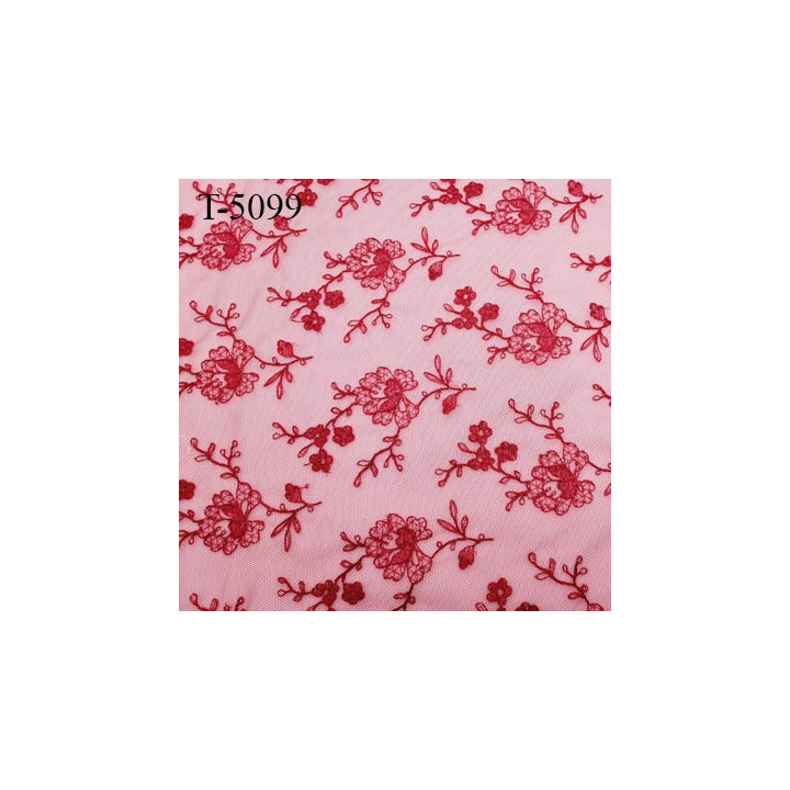 Tissu dentelle brodée couleur rose et violet sur tulle couleur rouge haut de gamme largeur 135 cm prix pour 10 cm de longueur